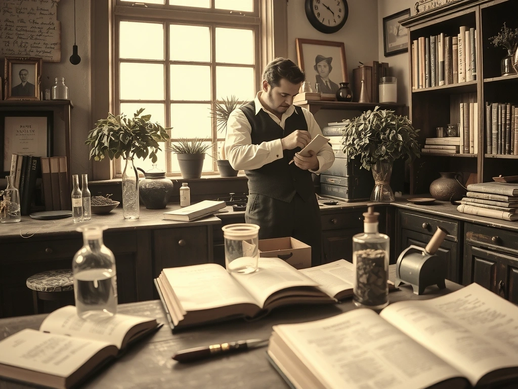 Imagen histórica de un botánico trabajando con hierbas y libros antiguos