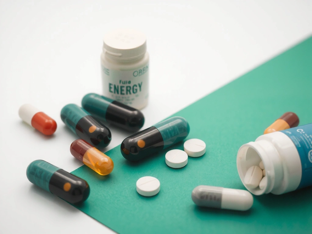 Tabletas o cápsulas de suplementos energéticos dispuestas artísticamente sobre un fondo limpio.