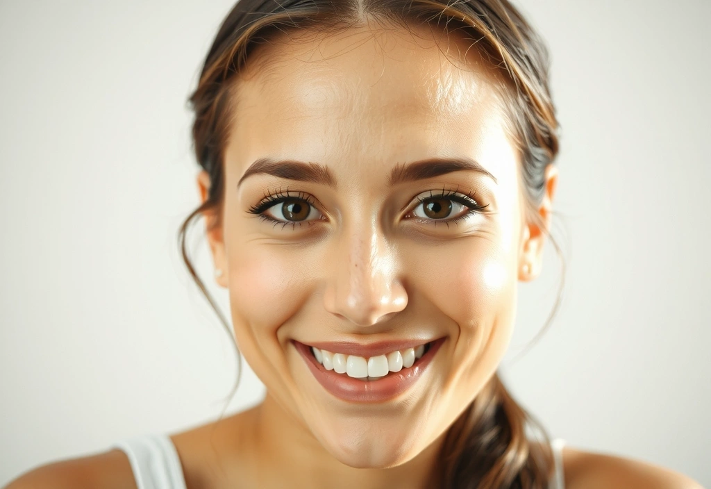 Mujer sonriendo con piel radiante y cabello brillante