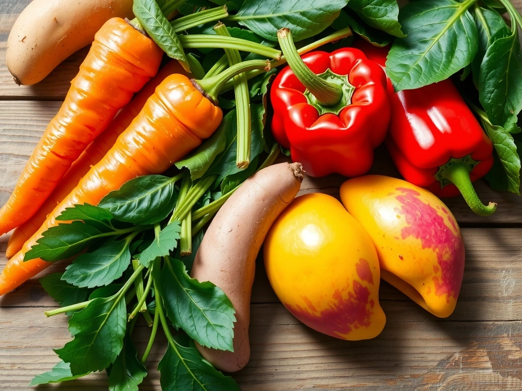 Una colorida variedad de vegetales y frutas como zanahorias, espinacas, batatas y mangos, ricos en Vitamina A.