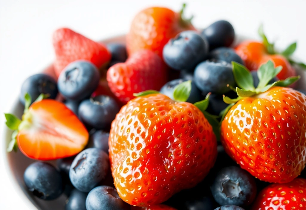 Fresas maduras y arándanos en un bol