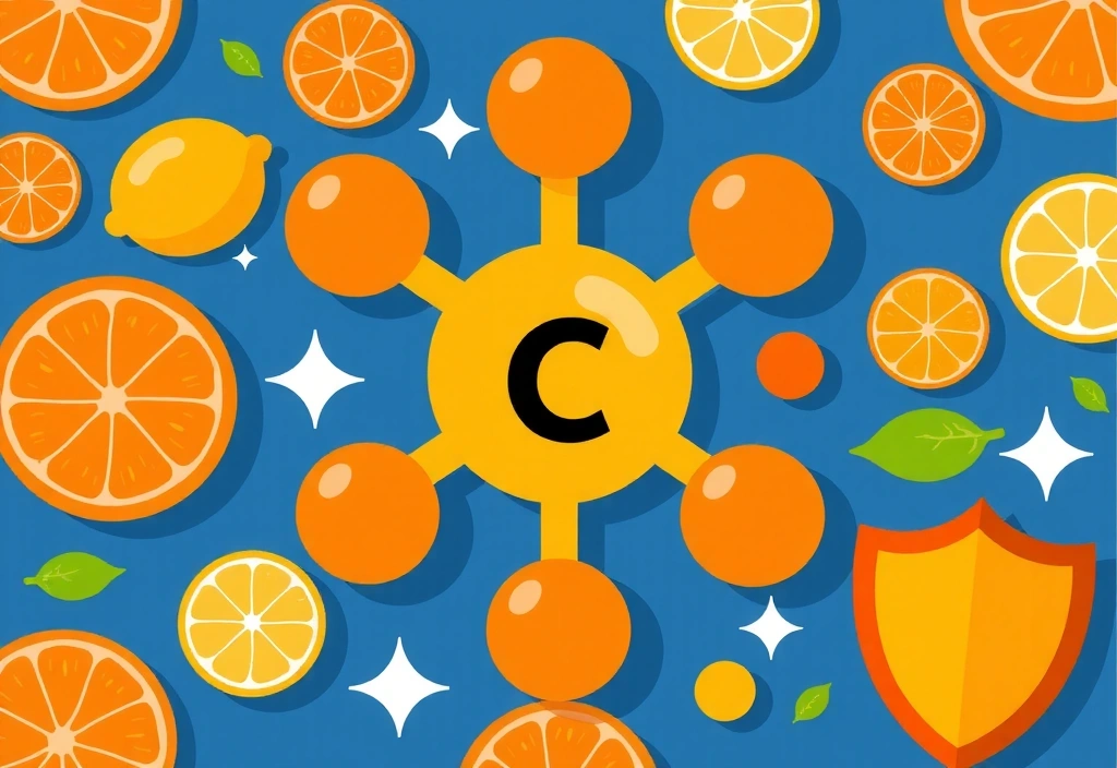 Ilustración de una molécula de Vitamina C rodeada de frutas cítricas y elementos protectores