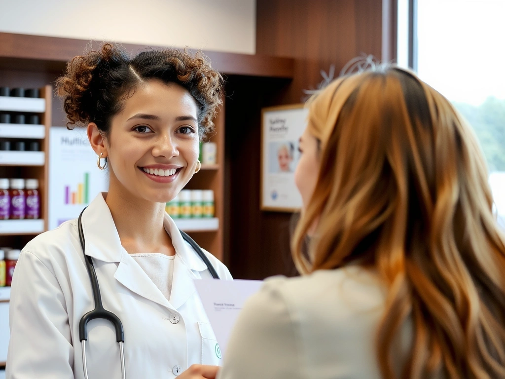Un profesional de la salud sonriendo mientras habla con un cliente, en un ambiente de consulta amigable.