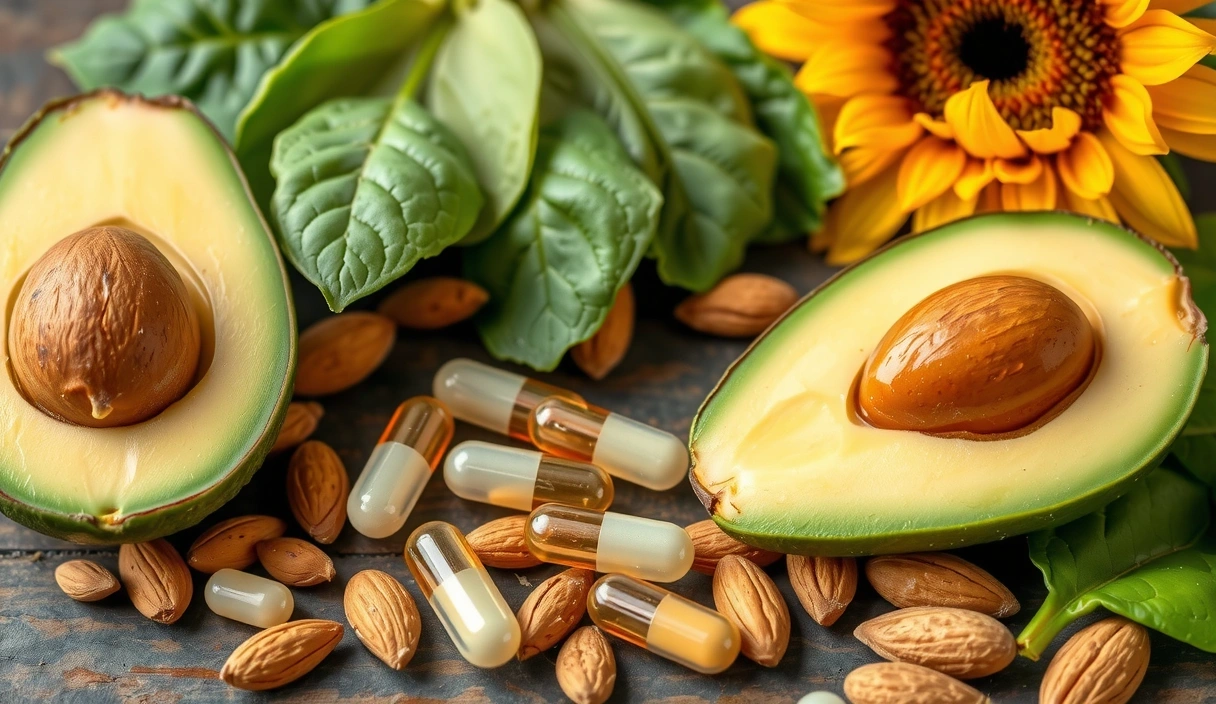Cápsulas de Vitamina E y alimentos ricos en ella como aguacate y nueces