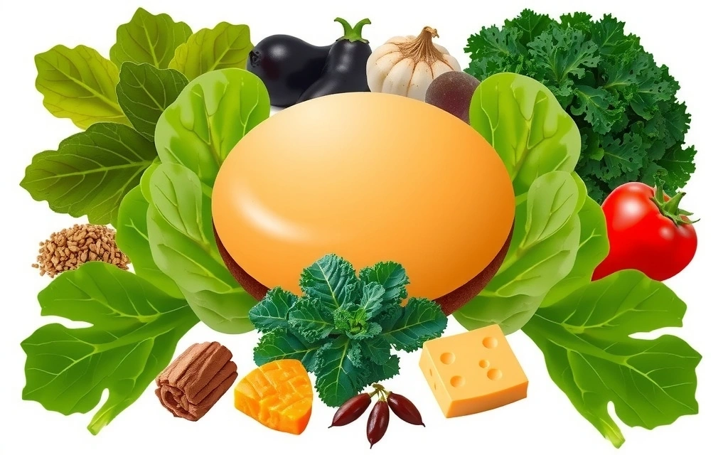 Ilustración de vegetales de hoja verde y alimentos fermentados, representando las fuentes de Vitamina K1 y K2.