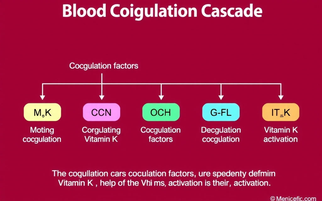 Representación visual de la cascada de coagulación sanguínea con factores activados por Vitamina K.