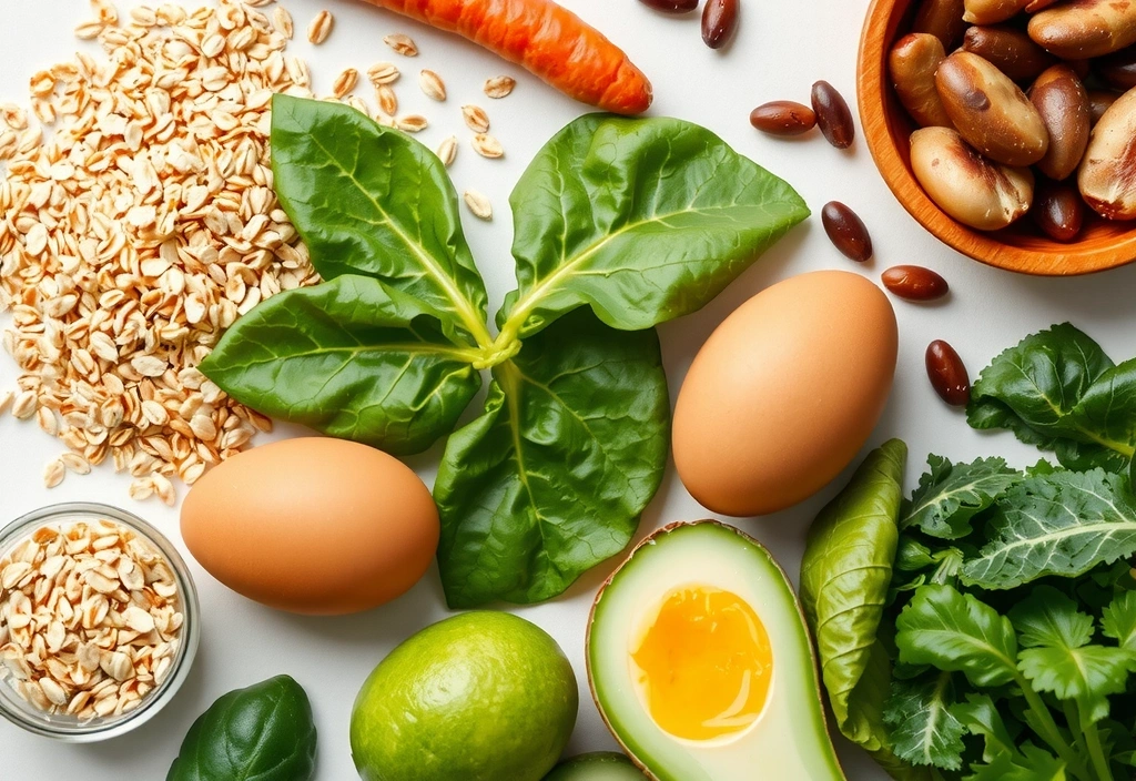 Conjunto de alimentos ricos en Vitaminasnaturaleshub B, como cereales integrales y legumbres.