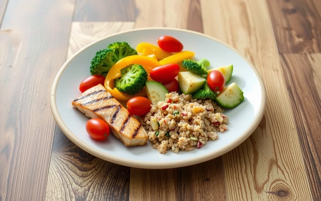 Plato colorido y equilibrado con vegetales, proteínas y carbohidratos.